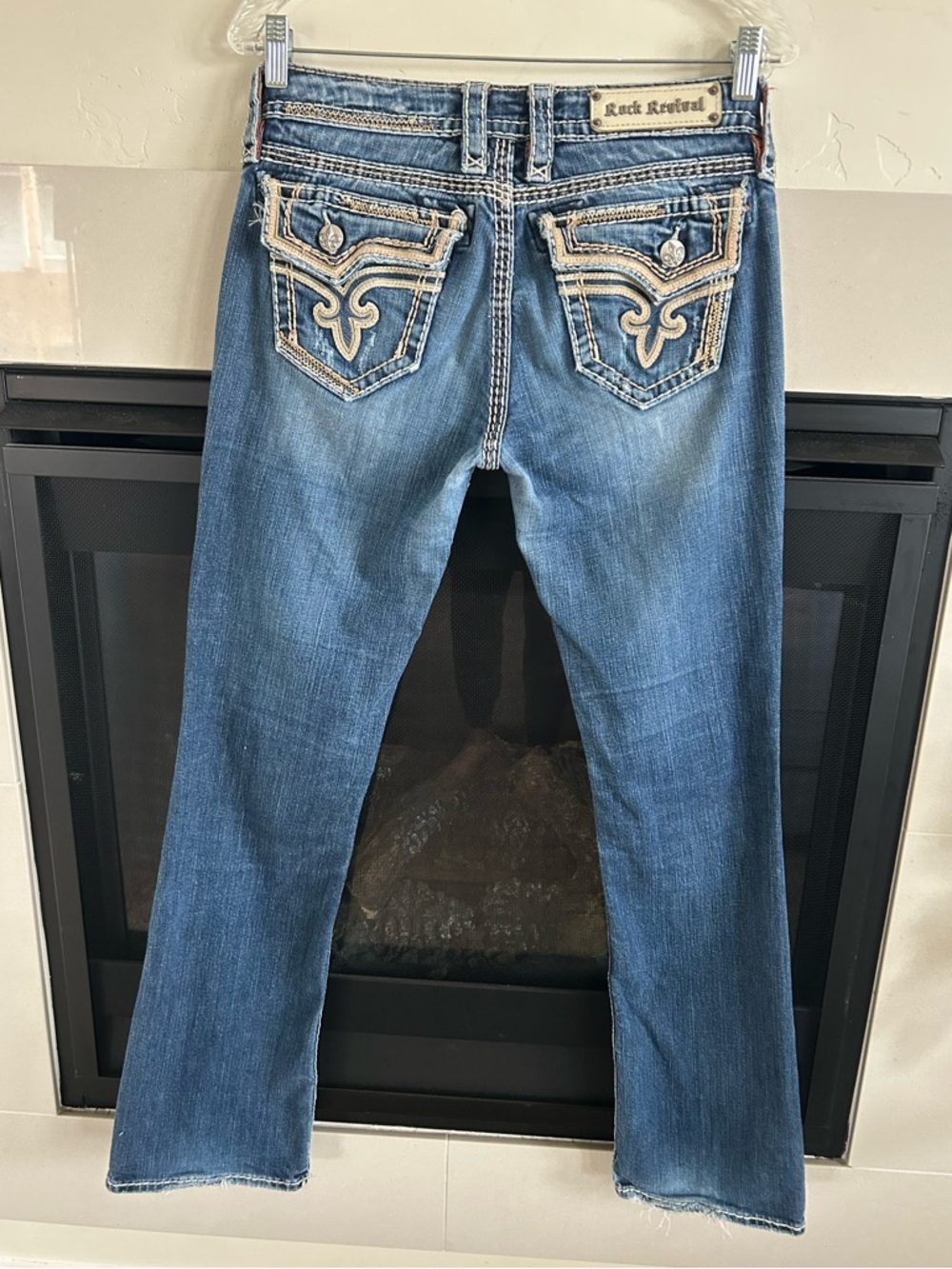 ▶️ Rock Revival Kai Easy Boot Jeans Womens 27 Blue Stretch Flap Pocket Y2K